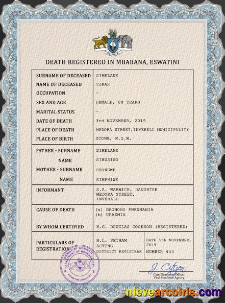 Eswatini vital record death certificate